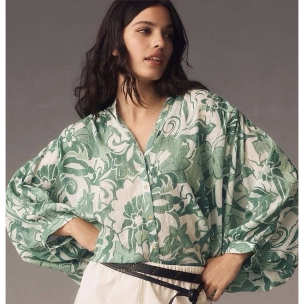 Anthropologie Pilcro Women's Sidney Batwing Green Floral Blouse Oversized M